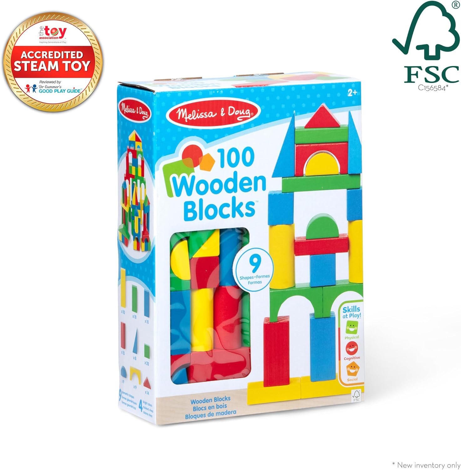 Melissa & Doug Wooden Building Blocks Set - 100 Blocks In 4 Colors And 9 Shapes