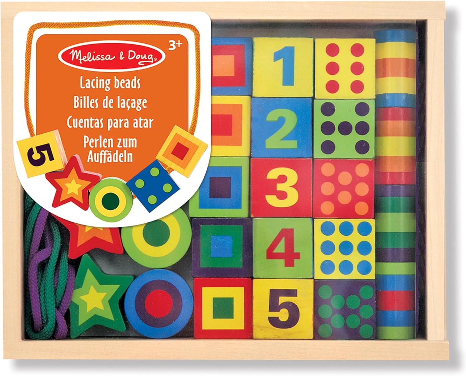 Melissa & Doug Deluxe Wooden Lacing Beads - Educational Activity With 27 Beads and 2 Laces