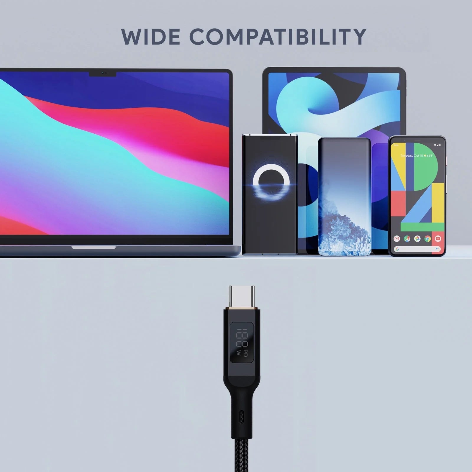 AUKEY 100W PD Nylon Braided USB-C with LCD 1.8M BLK