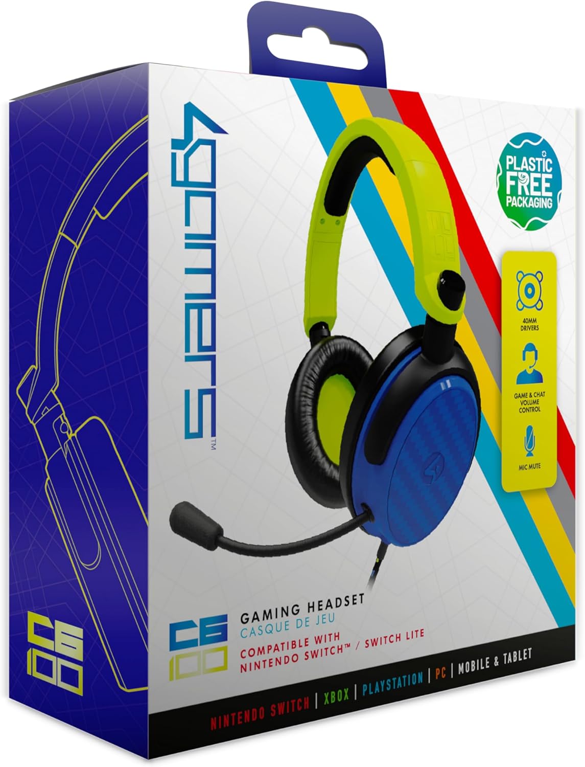 4Gamers C6-100 Gaming Headset for Switch, XBOX, PS4/PS5, PC - Neon Yellow/Blue