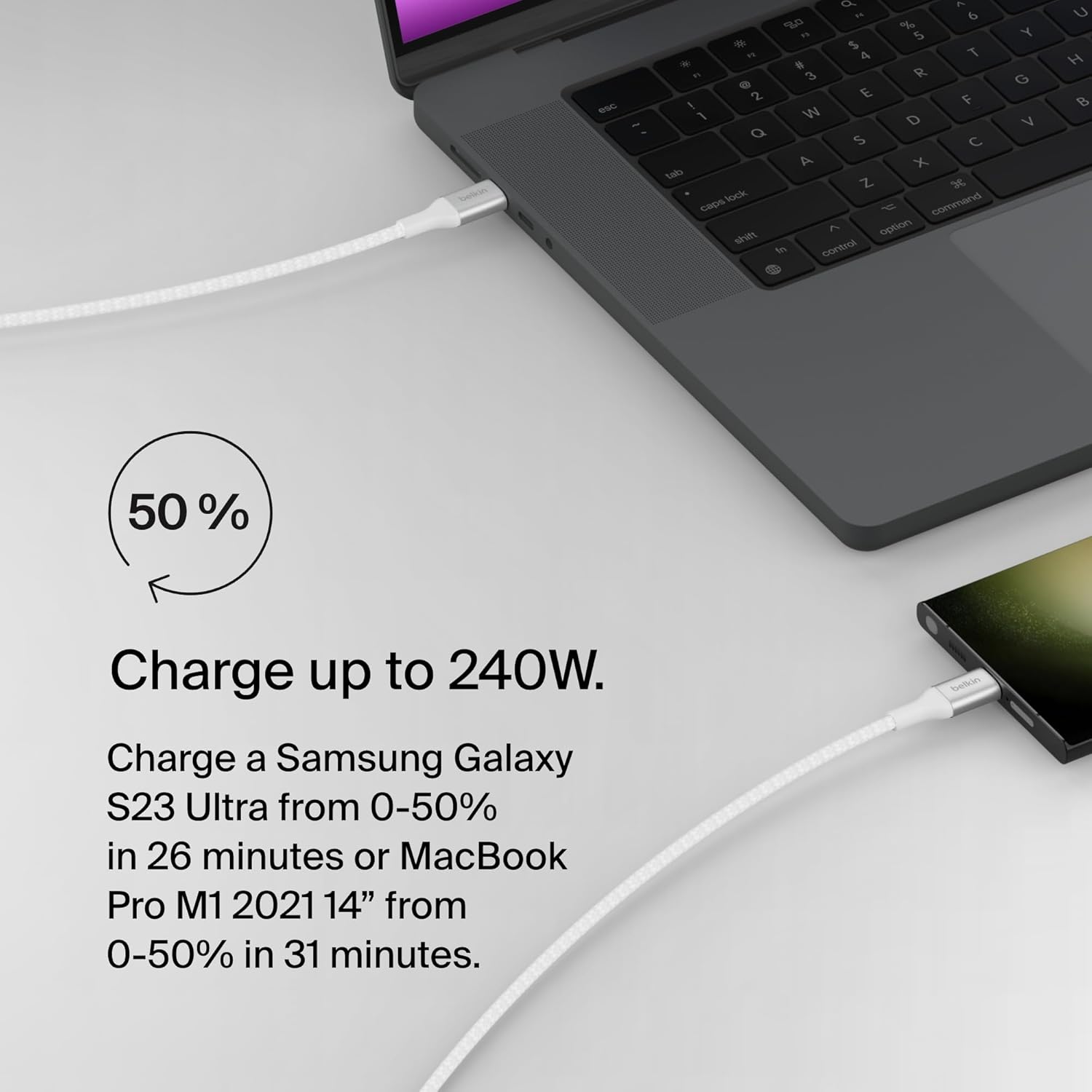 بيلكين - كابل - C إلى C - مضفر - 240W - 1م - أبيض