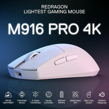 ماوس ألعاب لاسلكي Redragon M916 PRO بثلاثة أوضاع، بمعدل استجابة 4K، تصميم خفيف للغاية بلون أبيض قابل للتخصيص
