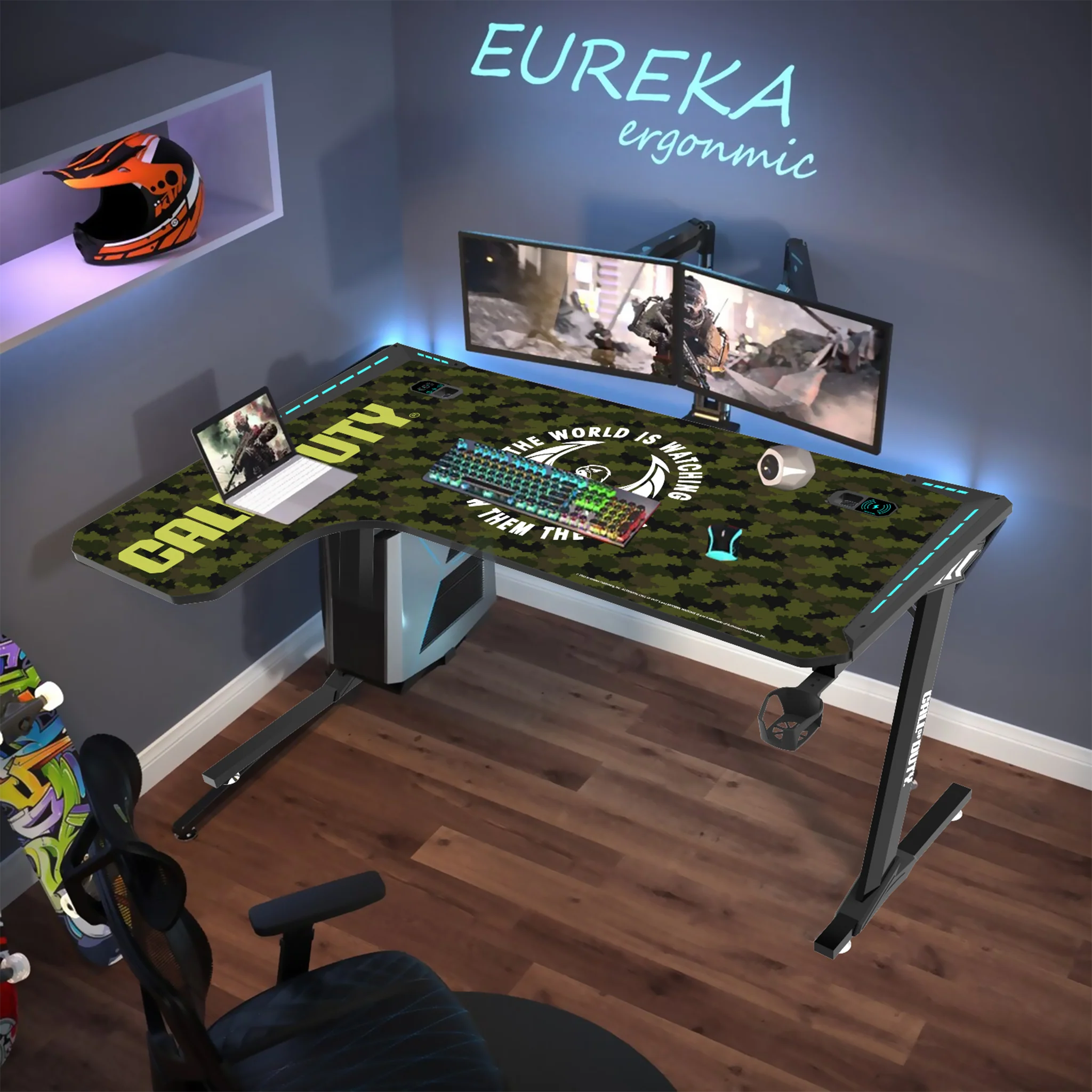 Call Of Duty (COD) x GAMEON Phantom XL-L Series L-Shaped RGB Flowing Light Gaming Desk (Size: 1400-600-720mm) With (800*300*3mm - Mouse pad), Headphone Hook, Cup Holder, Cable Management, Gamepad Holder, Qi Wireless Charger & USB Hub - Black/Green