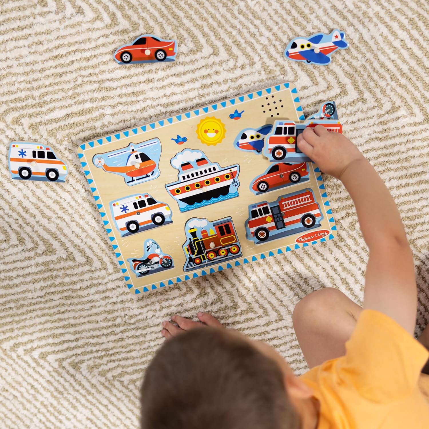 Melissa & Doug Vehicles Sound Puzzle - Wooden Peg Puzzle With Sound Effects (8 pcs)