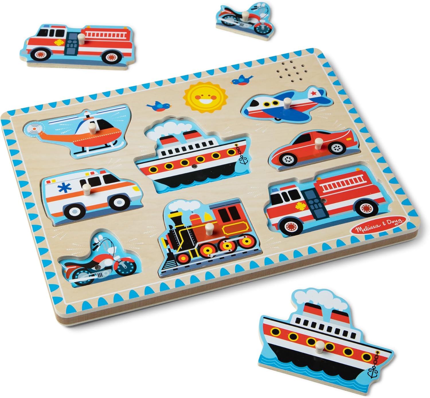 Melissa & Doug Vehicles Sound Puzzle - Wooden Peg Puzzle With Sound Effects (8 pcs)