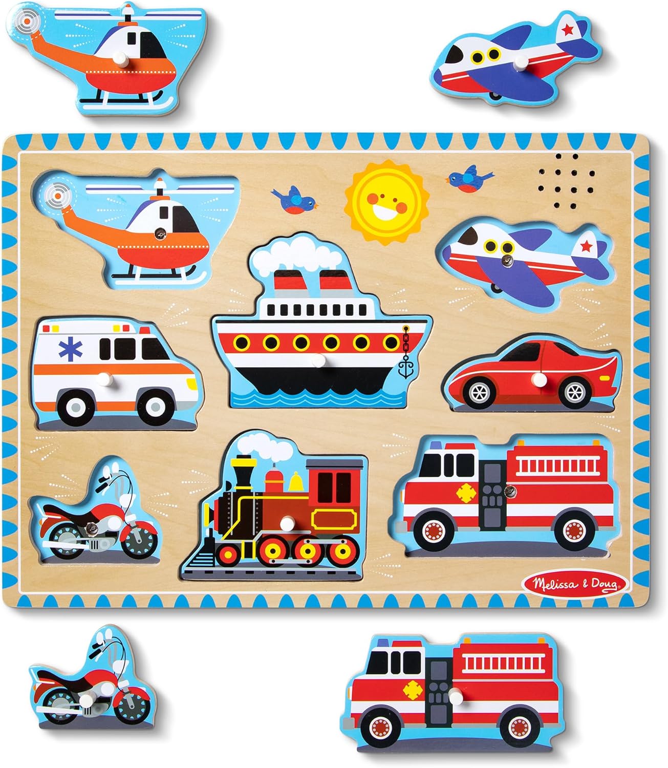 Melissa & Doug Vehicles Sound Puzzle - Wooden Peg Puzzle With Sound Effects (8 pcs)