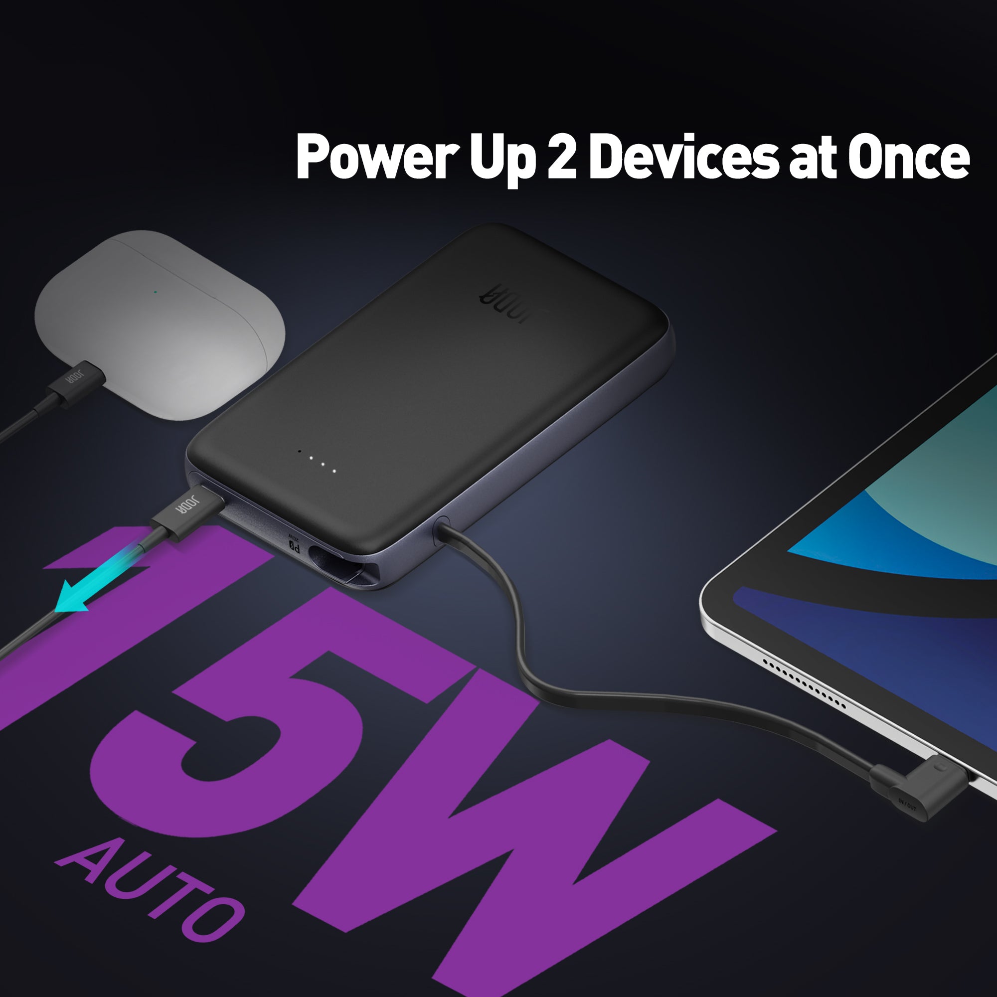 JODA 10000mAh 20W PD Power Bank with Built-in Cable Black