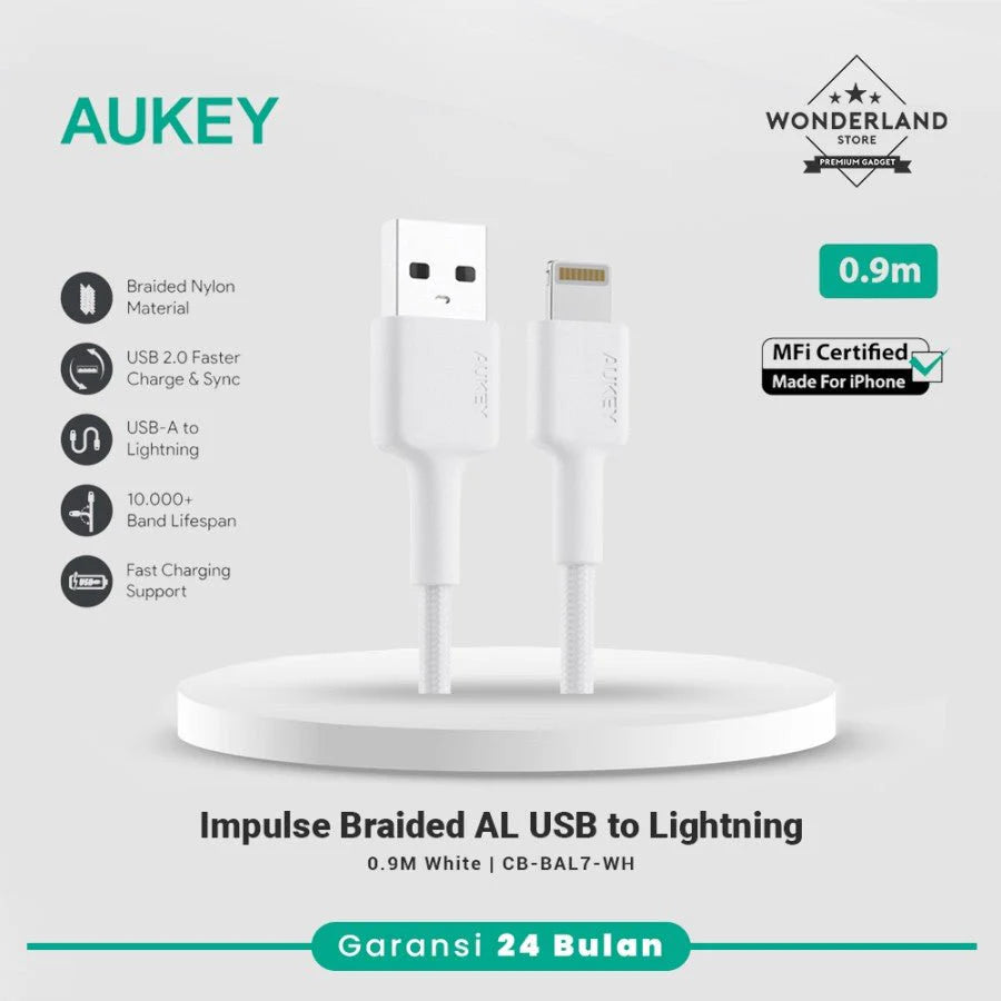 AUKEY Braided Nylon Charge MFI USB-A To Lightning 1.2m WHT