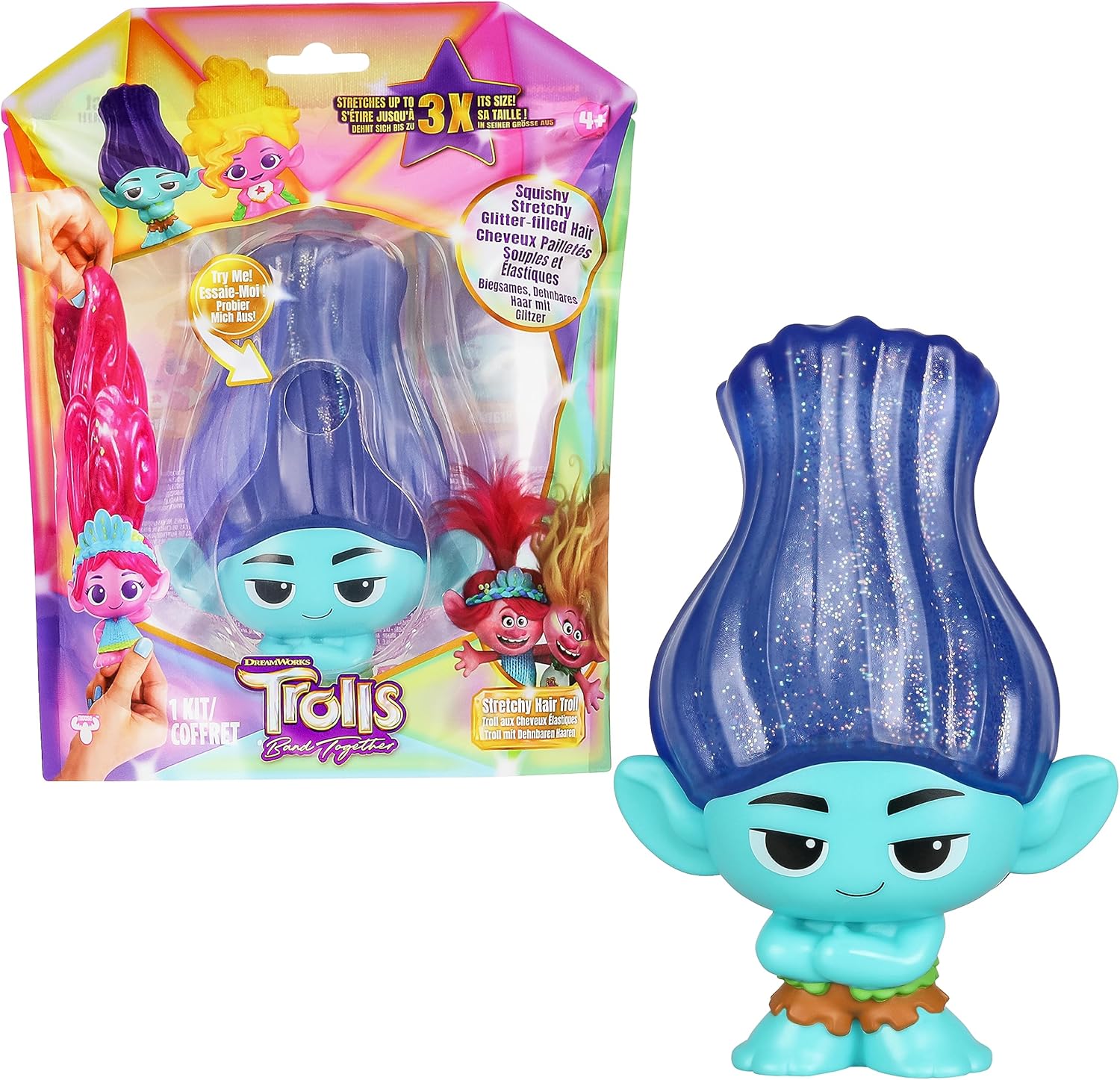 DREAMWORKS TROLLS Les 3 Glitter Hair Dolls Soft and Elastic - Stretchy Hair Branch