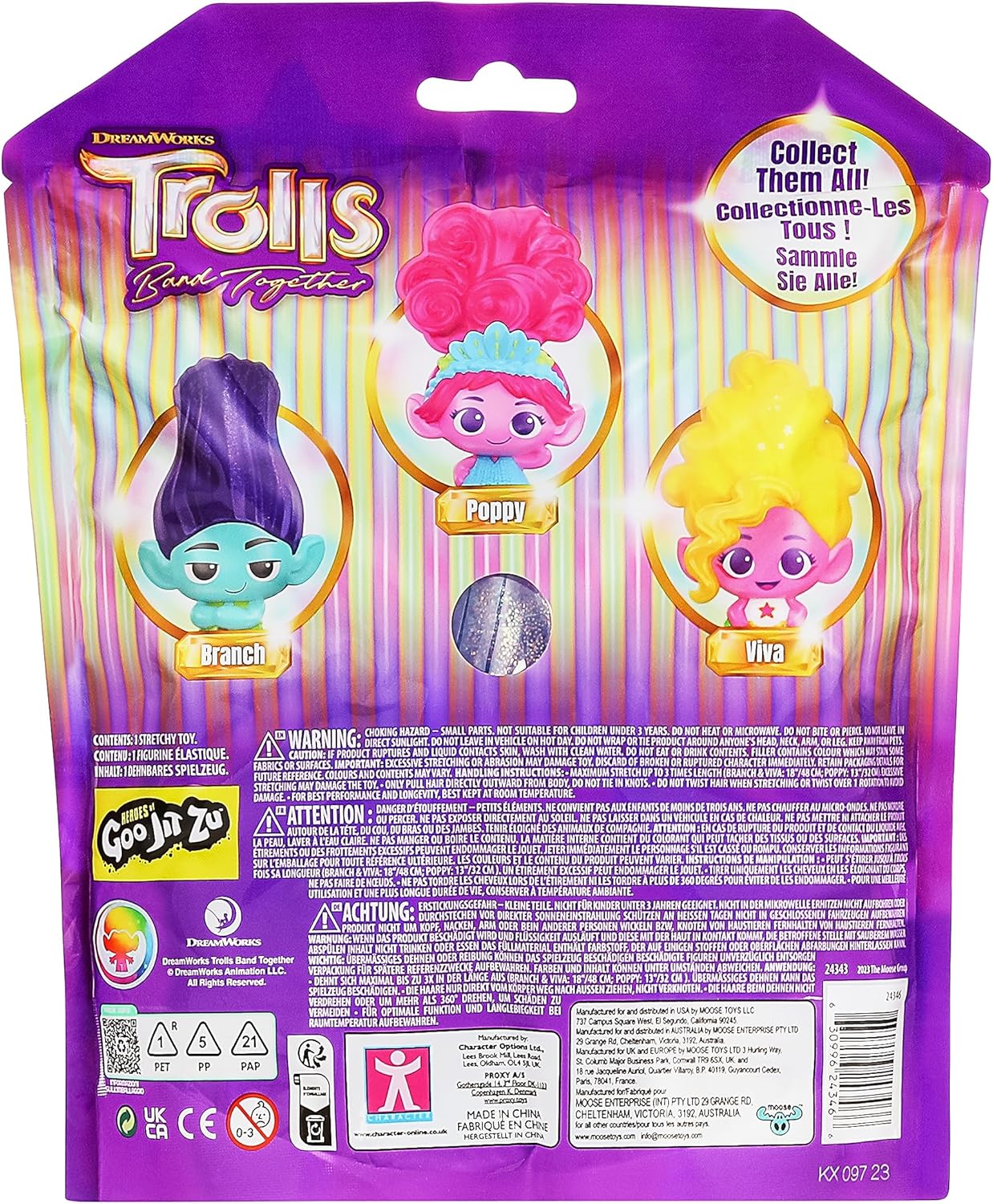 DREAMWORKS TROLLS Les 3 Glitter Hair Dolls Soft and Elastic - Stretchy Hair Branch