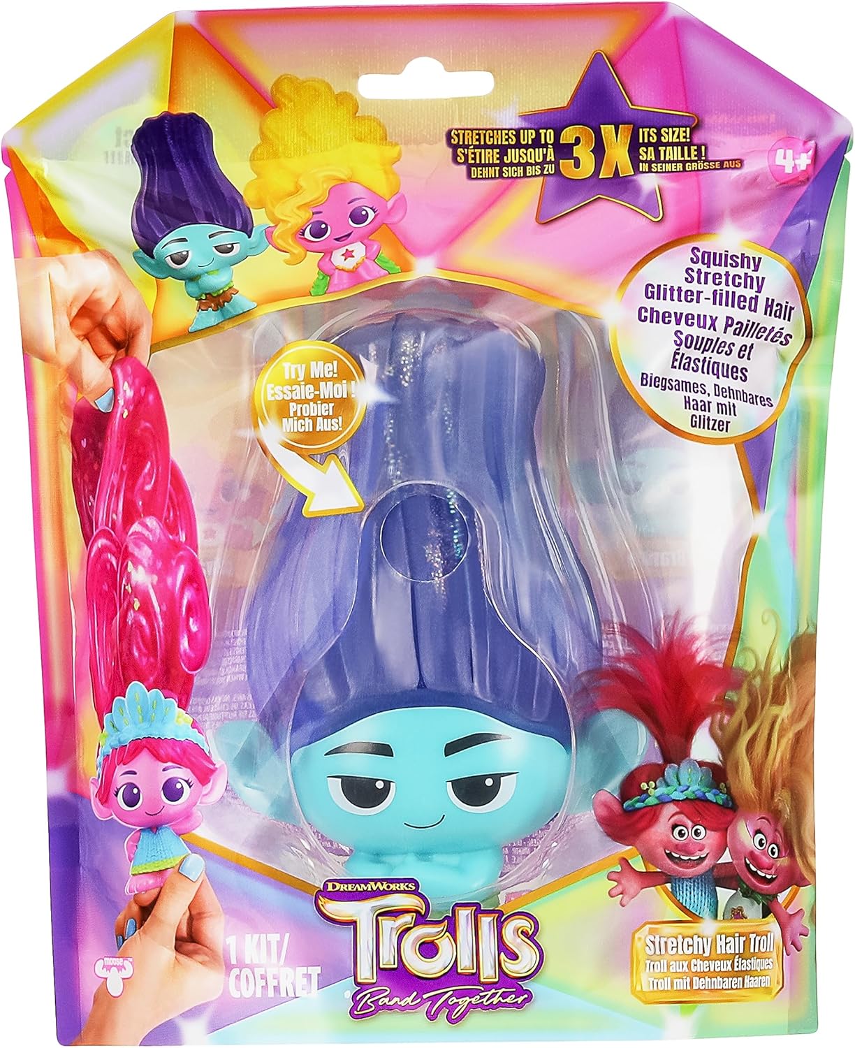 DREAMWORKS TROLLS Les 3 Glitter Hair Dolls Soft and Elastic - Stretchy Hair Branch