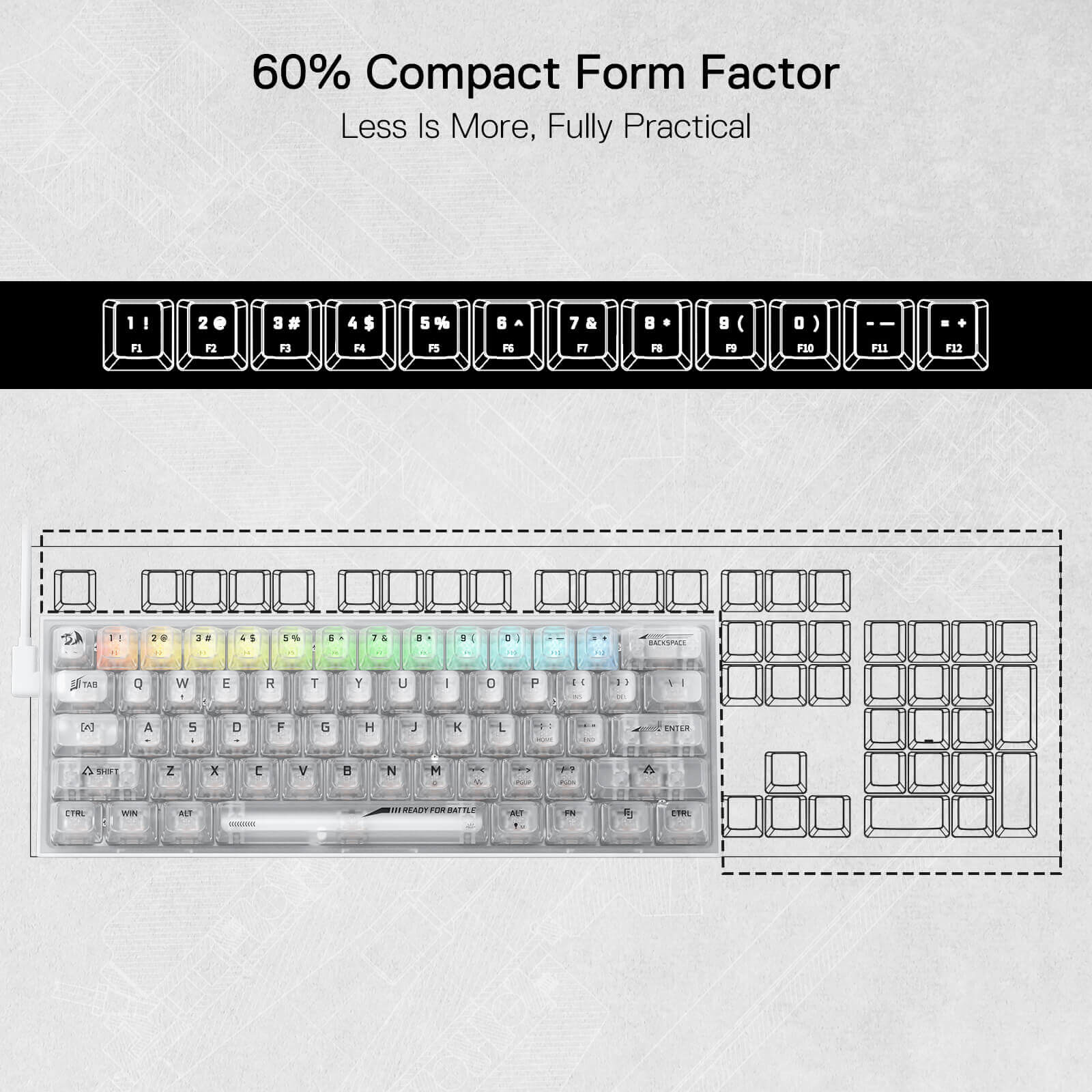 Redragon Castor Pro K631CT, wireless, bluetooth, gaming, mechanical, red switches, TKL, RGB, white transparent Keyboard