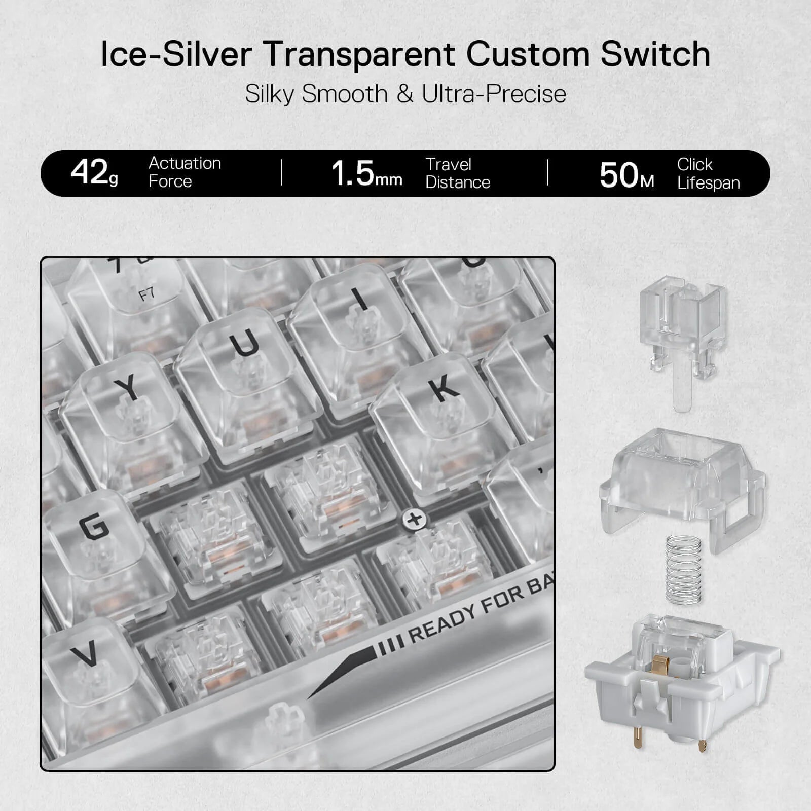 Redragon Castor Pro K631CT, wireless, bluetooth, gaming, mechanical, red switches, TKL, RGB, white transparent Keyboard