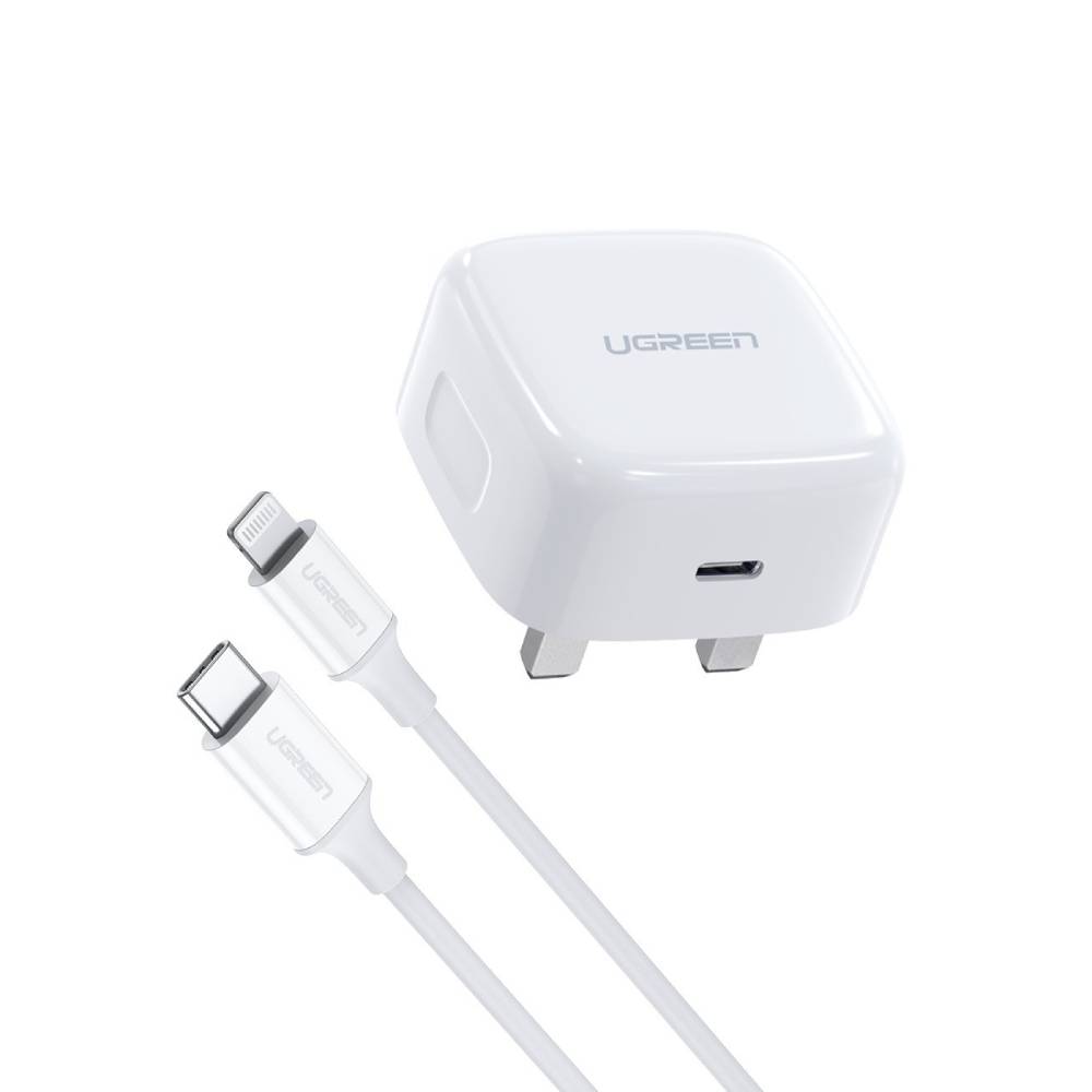 شاحن سريع UGREEN PD - بريطانيا + كابل USB-C إلى Lightning بطول 1 متر