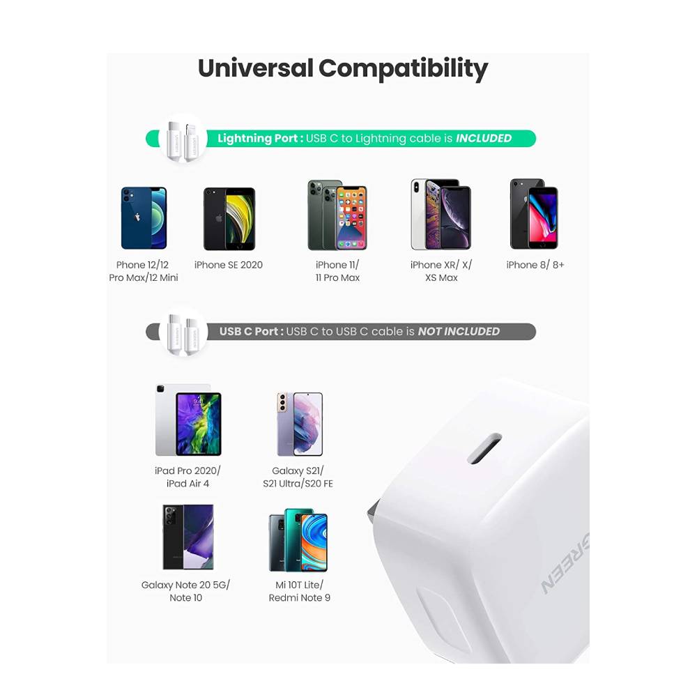 شاحن سريع UGREEN PD - بريطانيا + كابل USB-C إلى Lightning بطول 1 متر