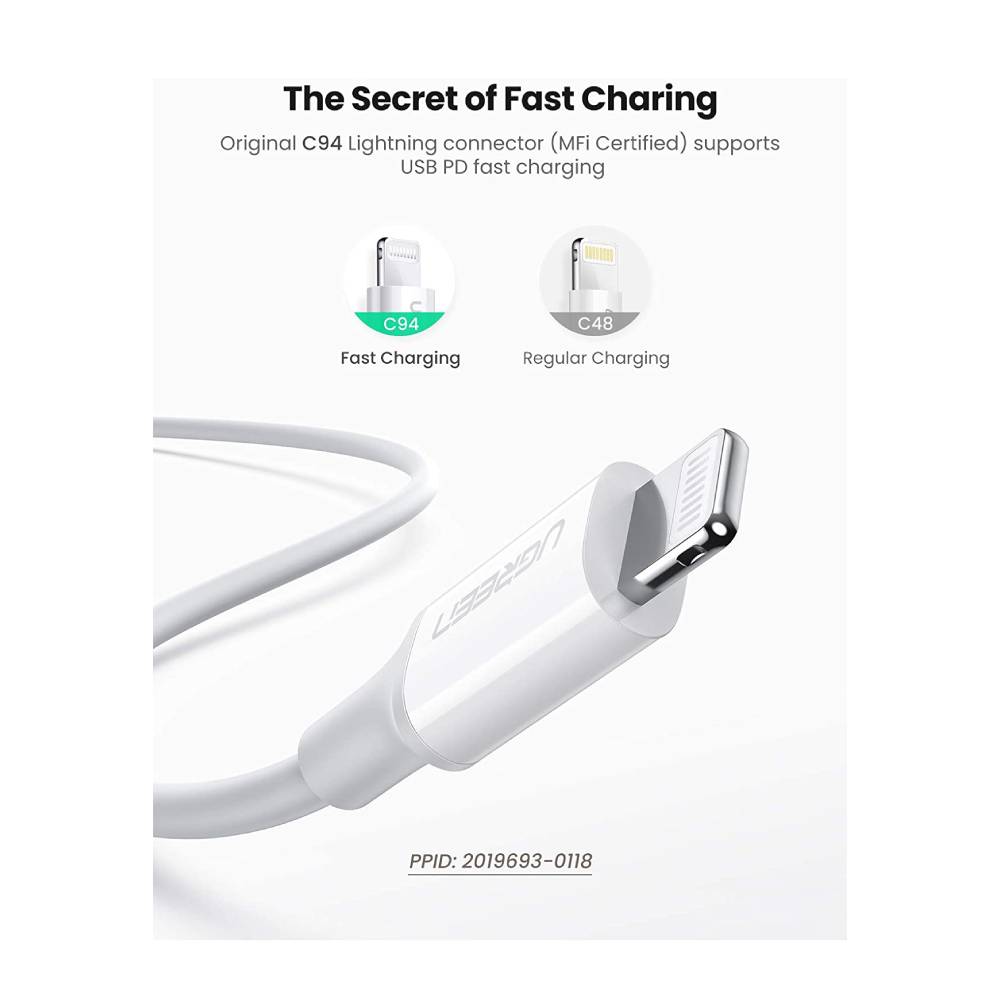شاحن سريع UGREEN PD - بريطانيا + كابل USB-C إلى Lightning بطول 1 متر