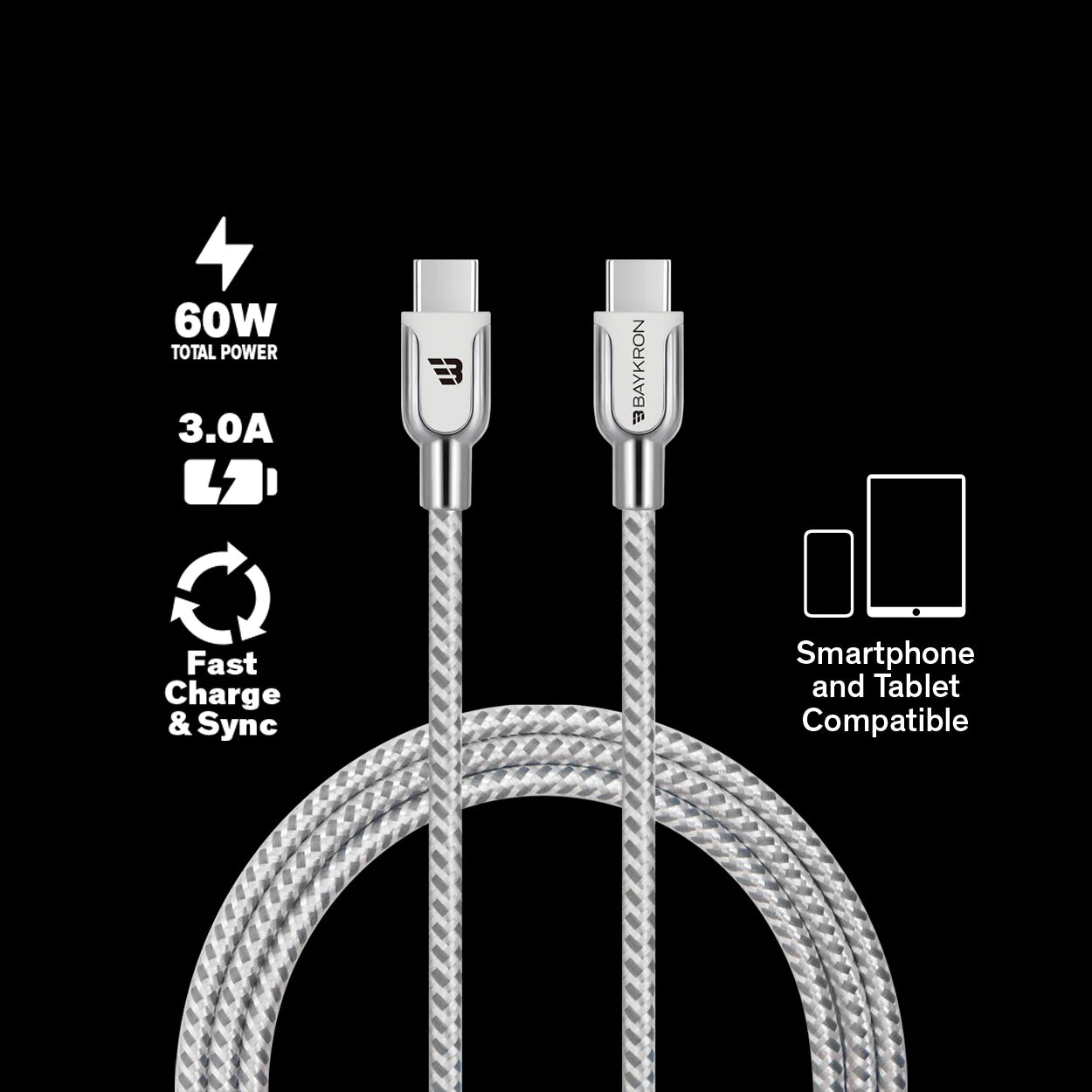 Baykron Braided USB-C to USB-C Cable; Charge and sync;