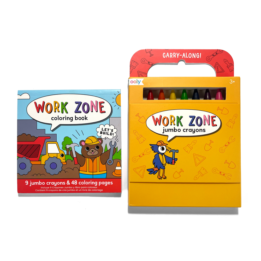 Ooly Carry Along Crayon & Coloring Book Kit Work Zone Set Of 9 Crayons