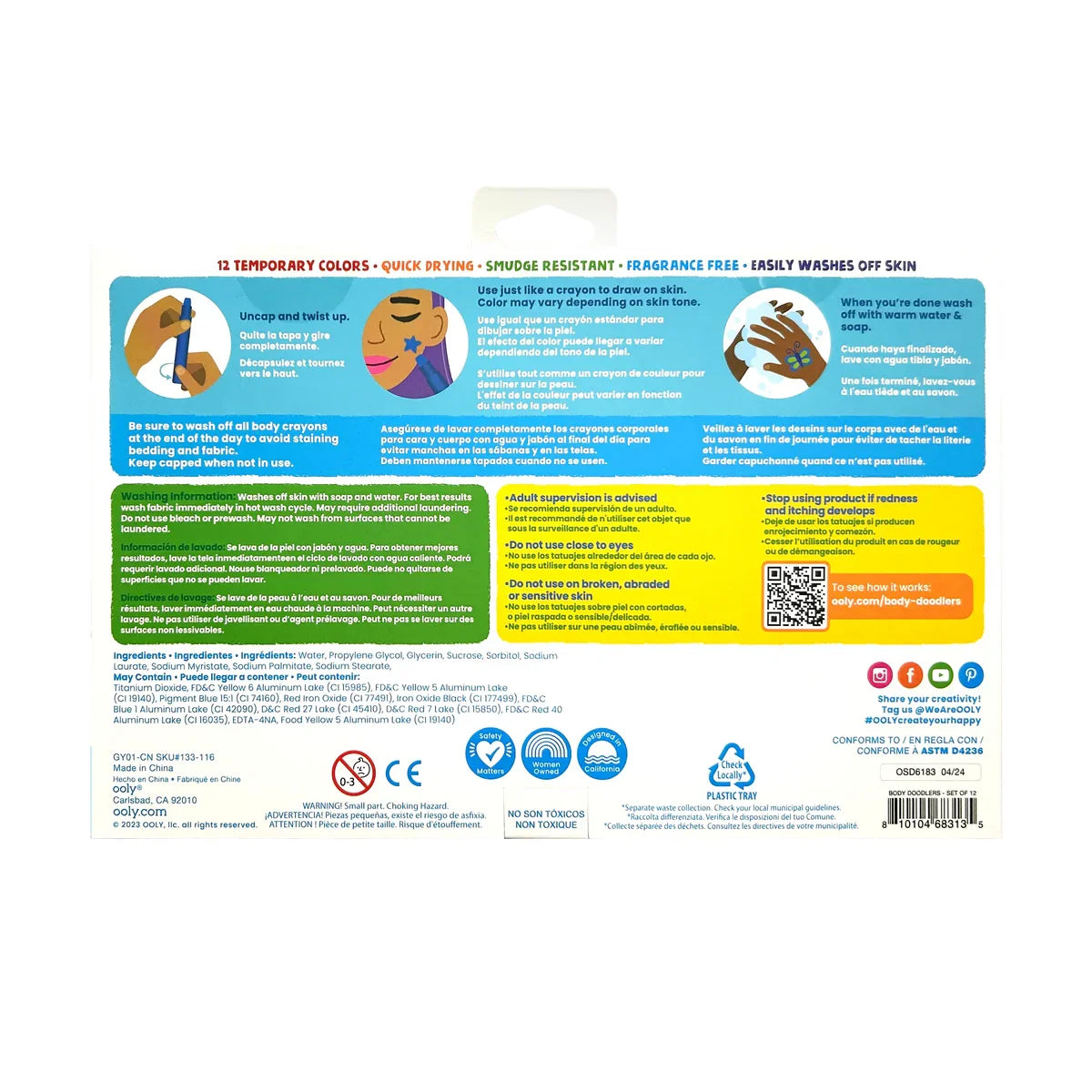 Ooly Body Doodlers Face & Body Crayons Set Of 12 Colors