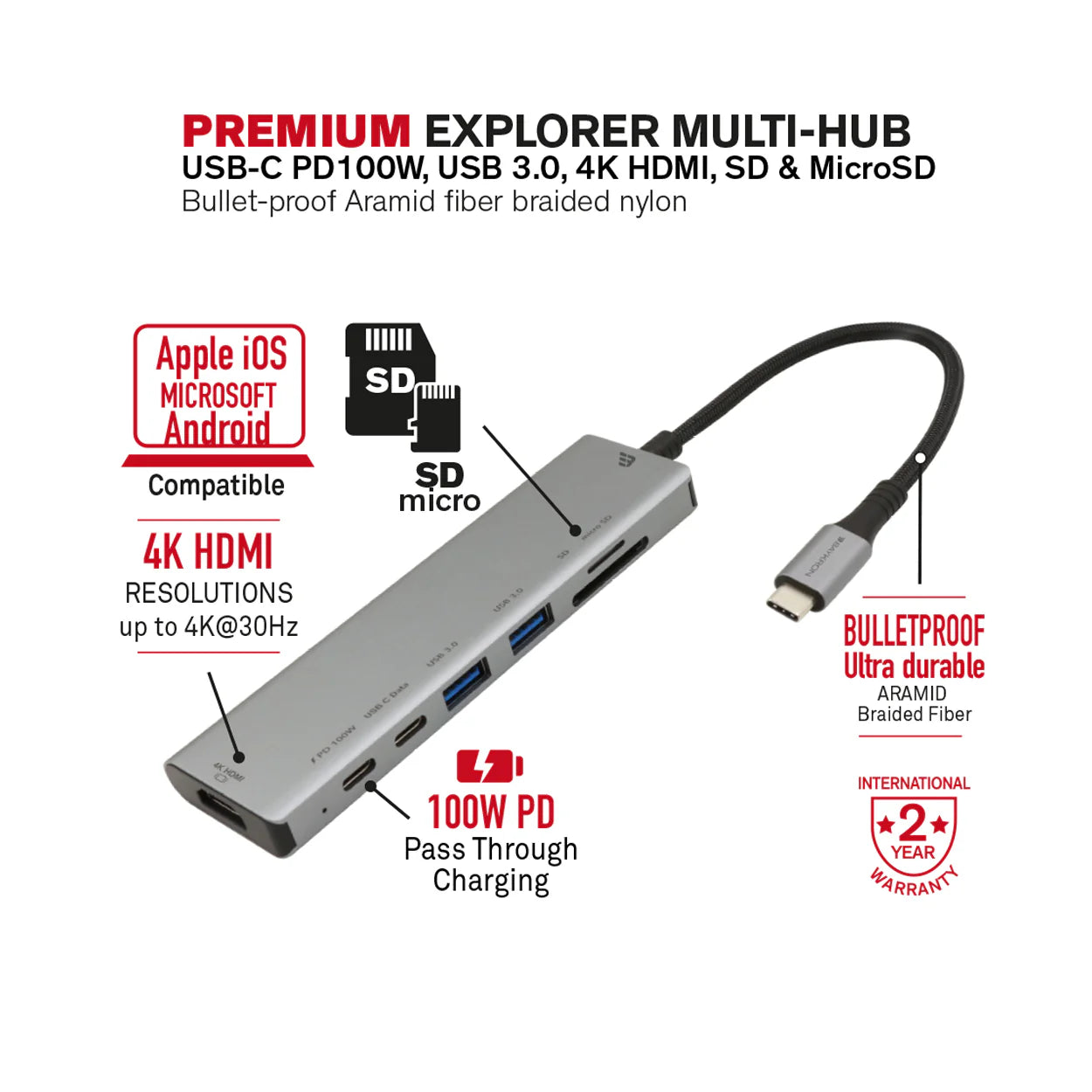 Baykron Usb-C Hub 7 in 1 with card reader, AND 100 W PD