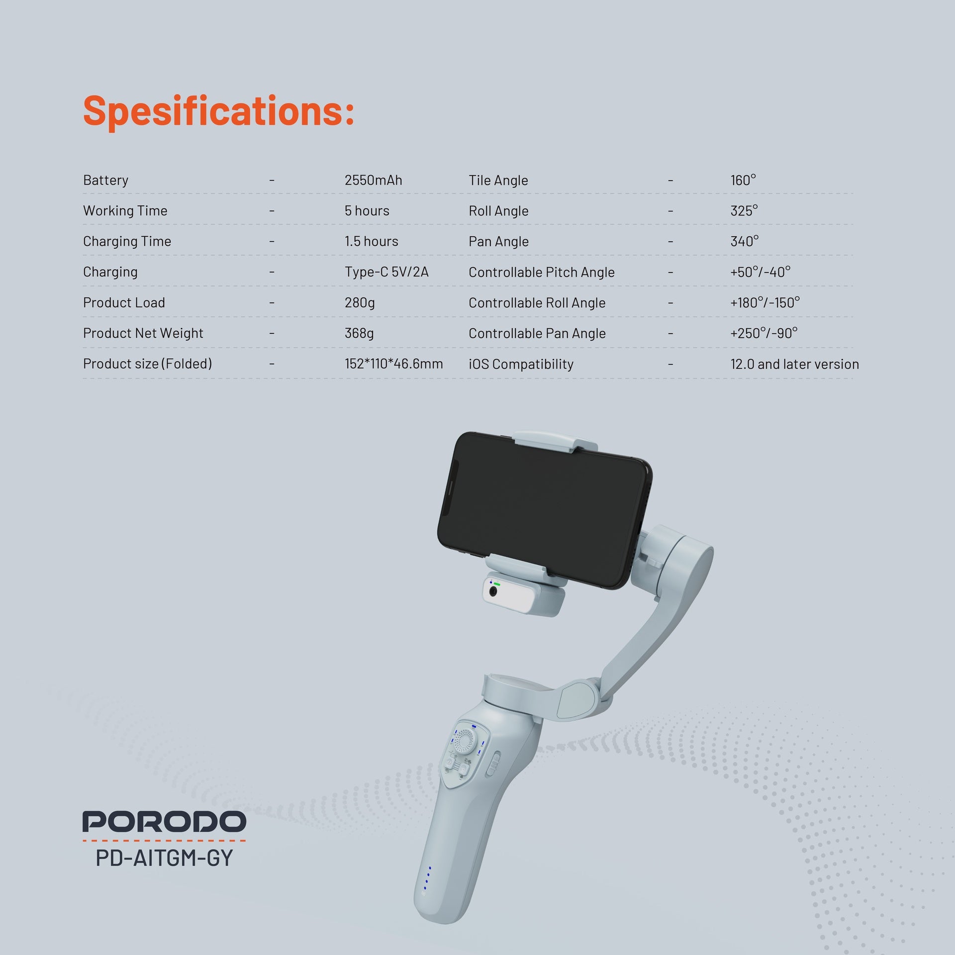 Porodo 3-Axis Gimbal Stabilizer Al Tracking & Gestures