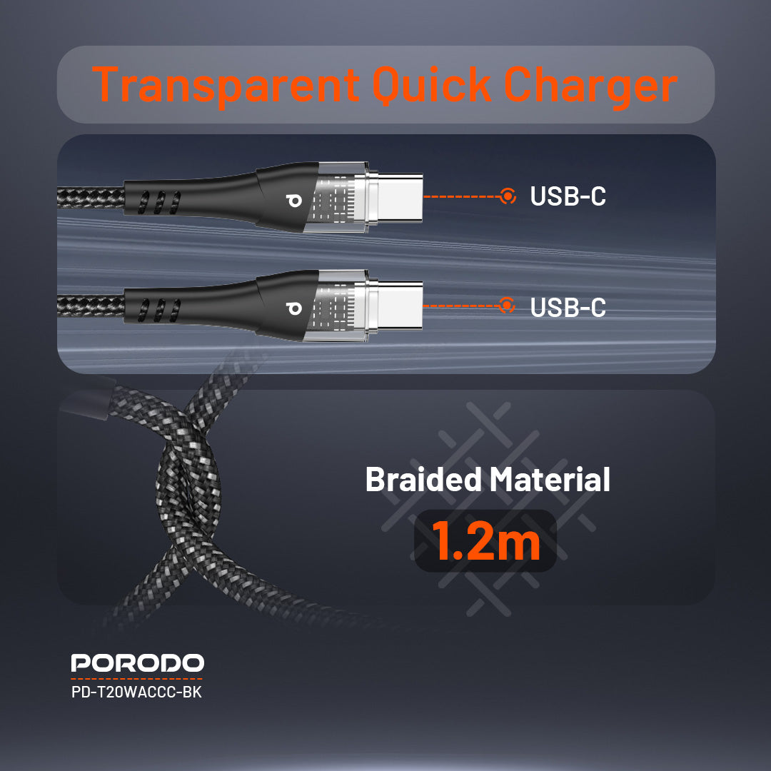 Porodo Dual Output Transparent Quick Charger USB-C PD USB-A