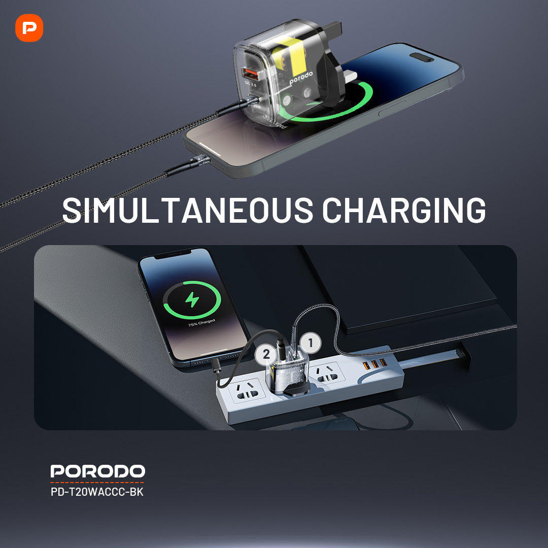 Porodo Dual Output Transparent Quick Charger USB-C PD USB-A