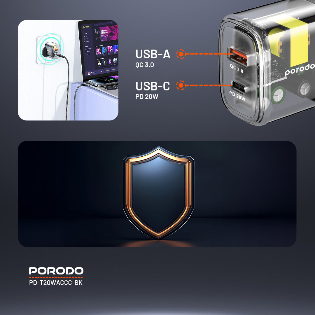 Porodo Dual Output Transparent Quick Charger USB-C PD USB-A