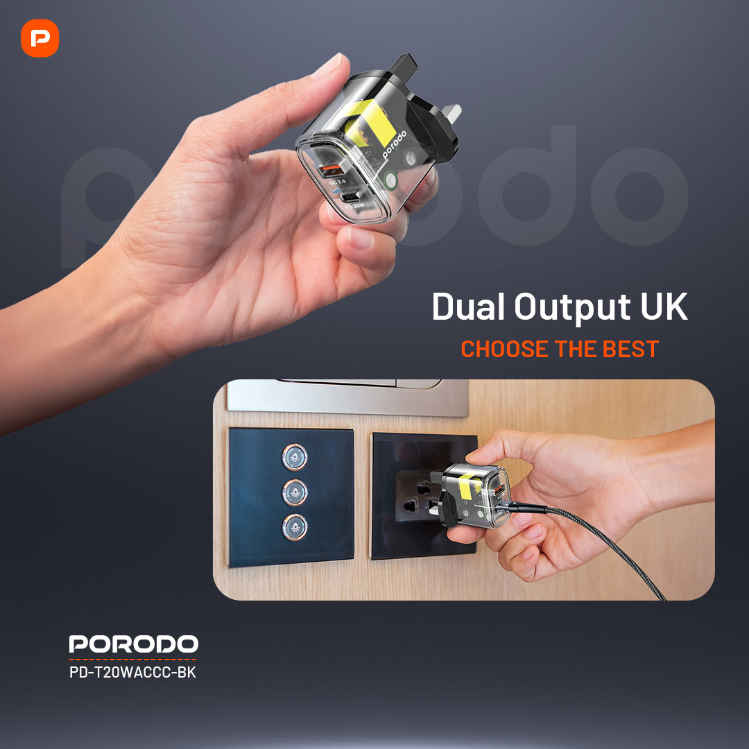 Porodo Dual Output Transparent Quick Charger USB-C PD USB-A