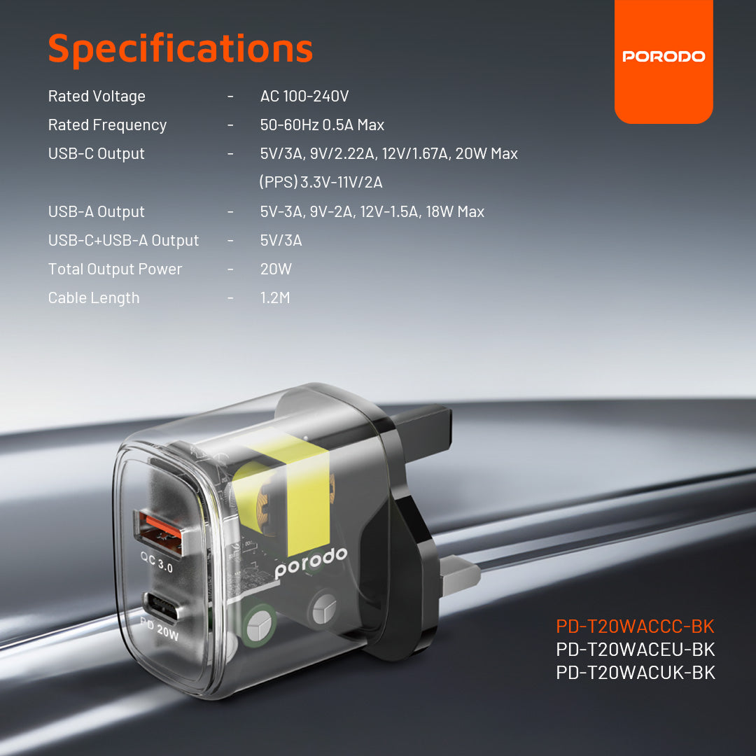 Porodo Dual Output Transparent Quick Charger USB-C PD USB-A