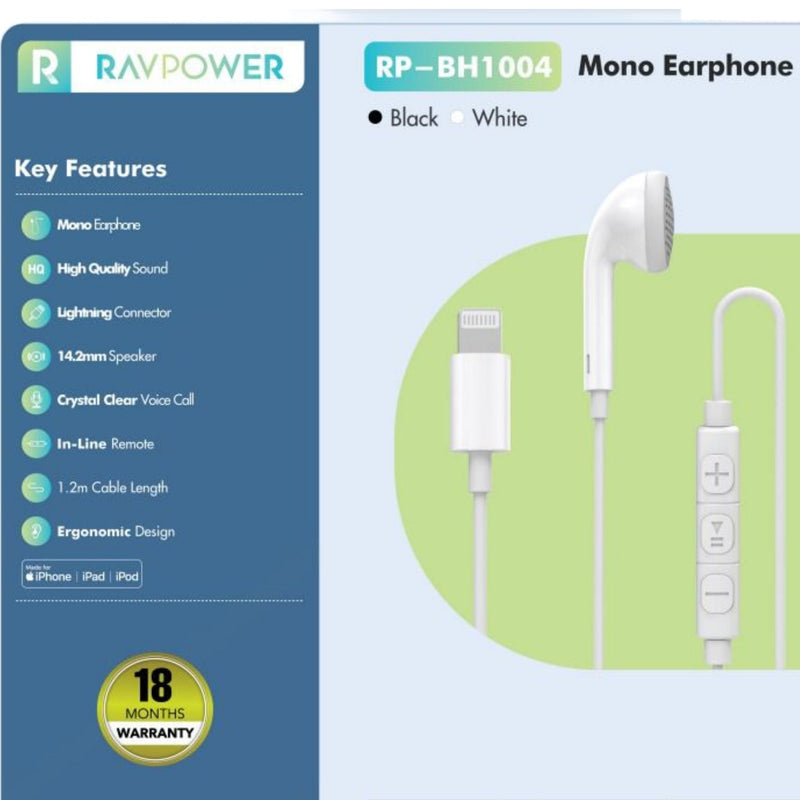 Ravpower RP-BH1004 mono earphone White Lighting connector