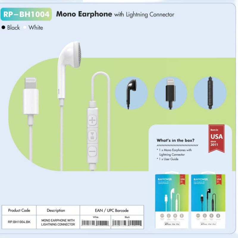 Ravpower RP-BH1004 mono earphone White Lighting connector