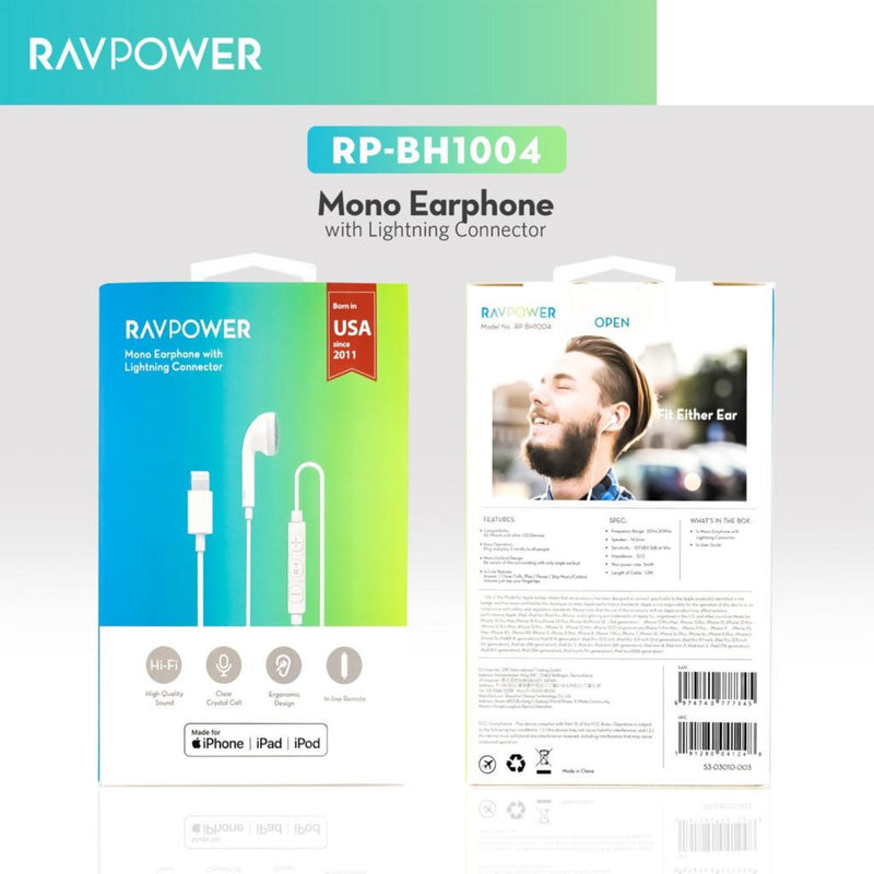 Ravpower RP-BH1004 mono earphone White Lighting connector