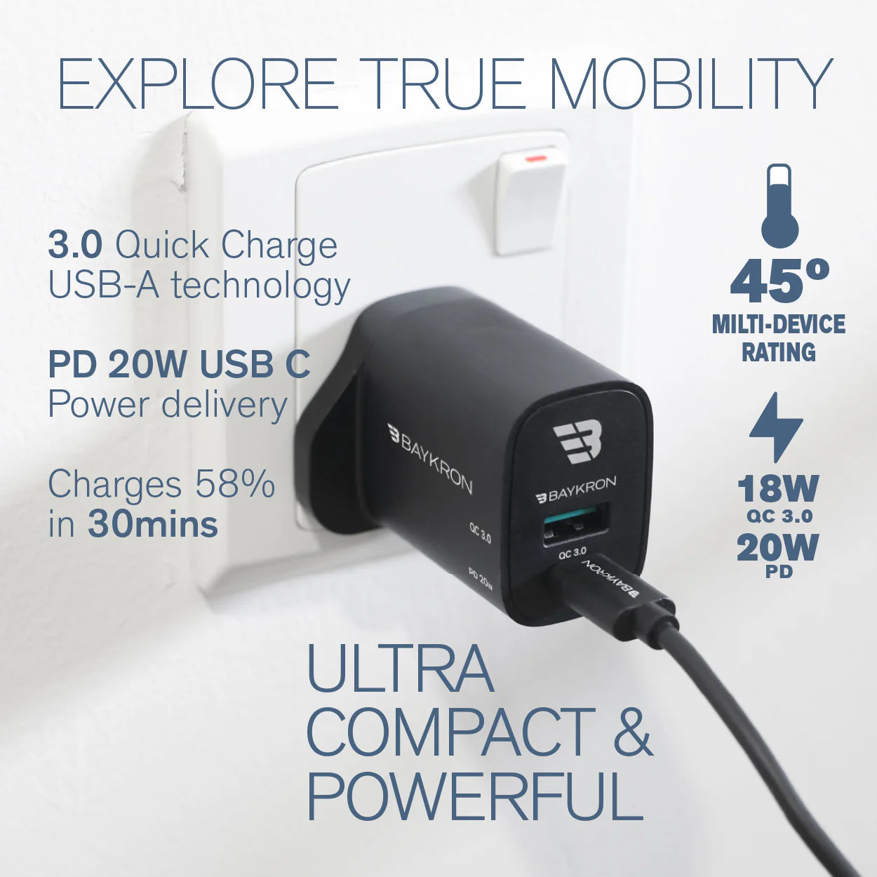 36W Fast Charging Dual Port Wall Charger Type-C™ 20W ,UK,BLK