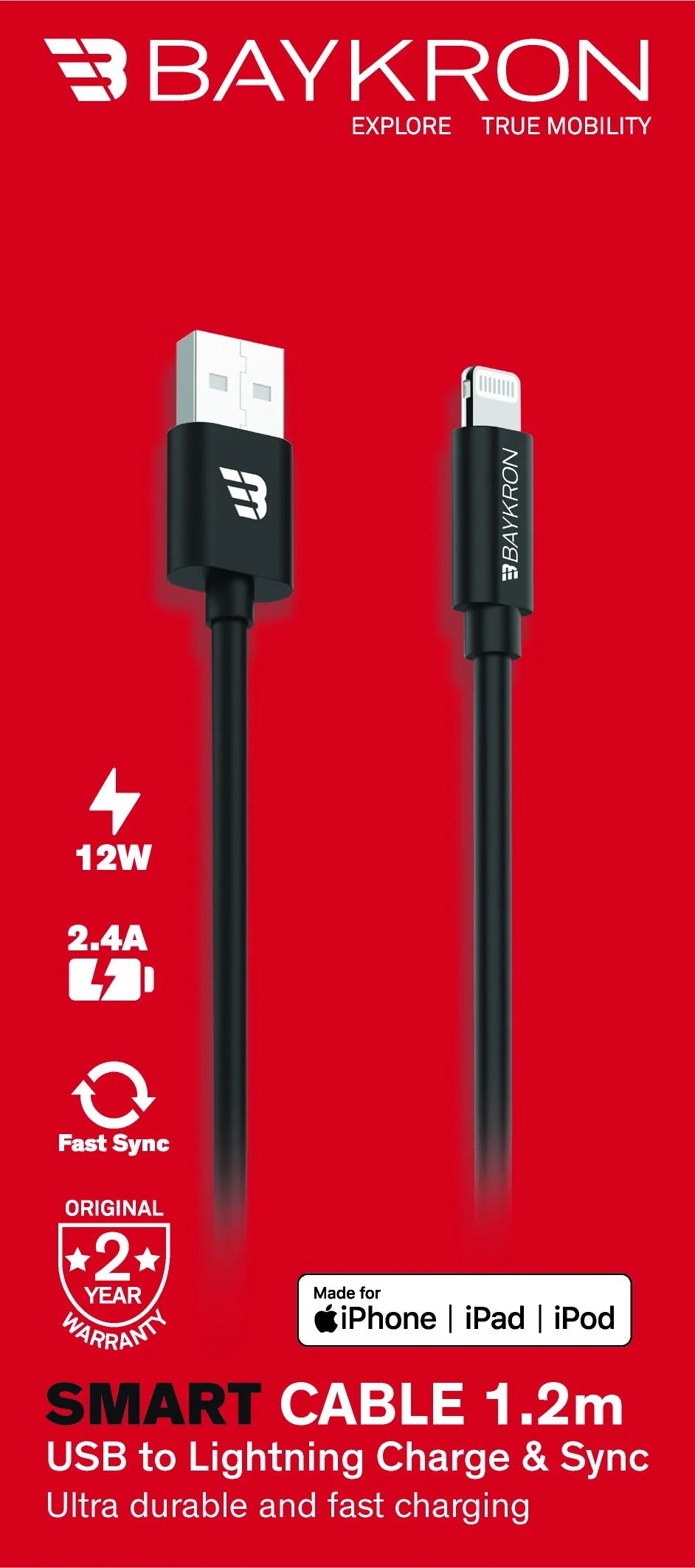 USB A to Ligthing Cable 3A, MFI Certified, 1.2 M, TPU, Black