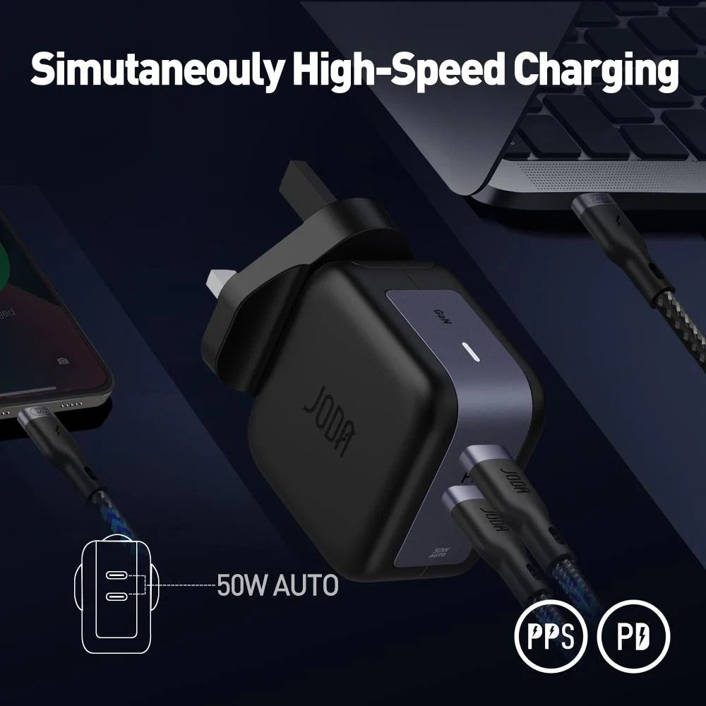 JODA 50W USB-C 2-Port GaN Wall Charger Black