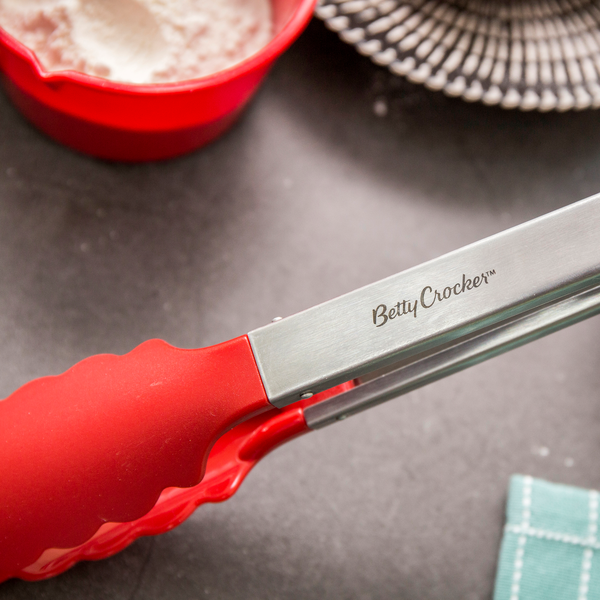 Betty Crocker High-Quality Stainless Steel Easy to Clean Food Tong with Non-Slip Thermoplastic Rubber Handle Red and Silver 35cm