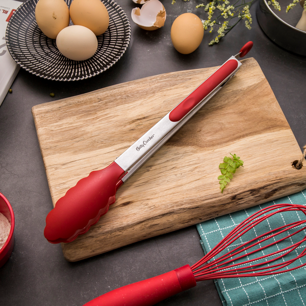 Betty Crocker High-Quality Stainless Steel Easy to Clean Food Tong with Non-Slip Thermoplastic Rubber Handle Red and Silver 35cm