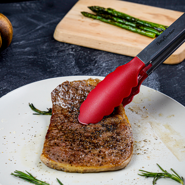 Betty Crocker High-Quality Stainless Steel Easy to Clean Food Tong with Non-Slip Thermoplastic Rubber Handle Red and Silver 35cm