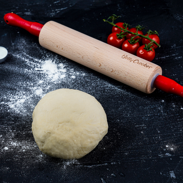 Betty Crocker High-Quality Easy to Clean Wooden Rolling Pin Beige and Red 39cm