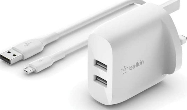 BELKIN WALL CHARGER 24W - DUAL USB-A + 1M PVC A-LTG - WHITE