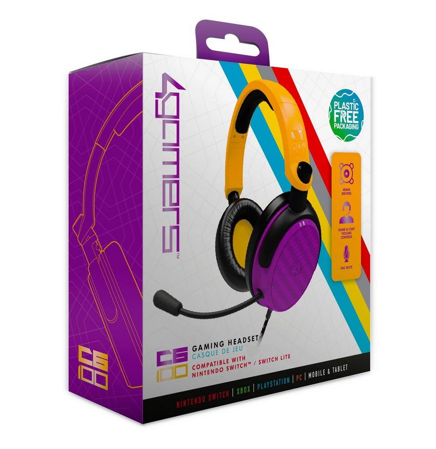 4Gamers C6-100 Gaming Headset for Switch, XBOX, PS4/PS5, PC - Neon Orange/Purple