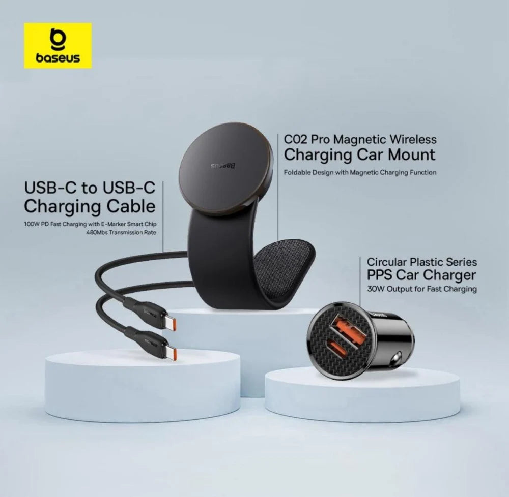Baseus C02 Pro Series Magnetic W.less Charging Car MountBLK