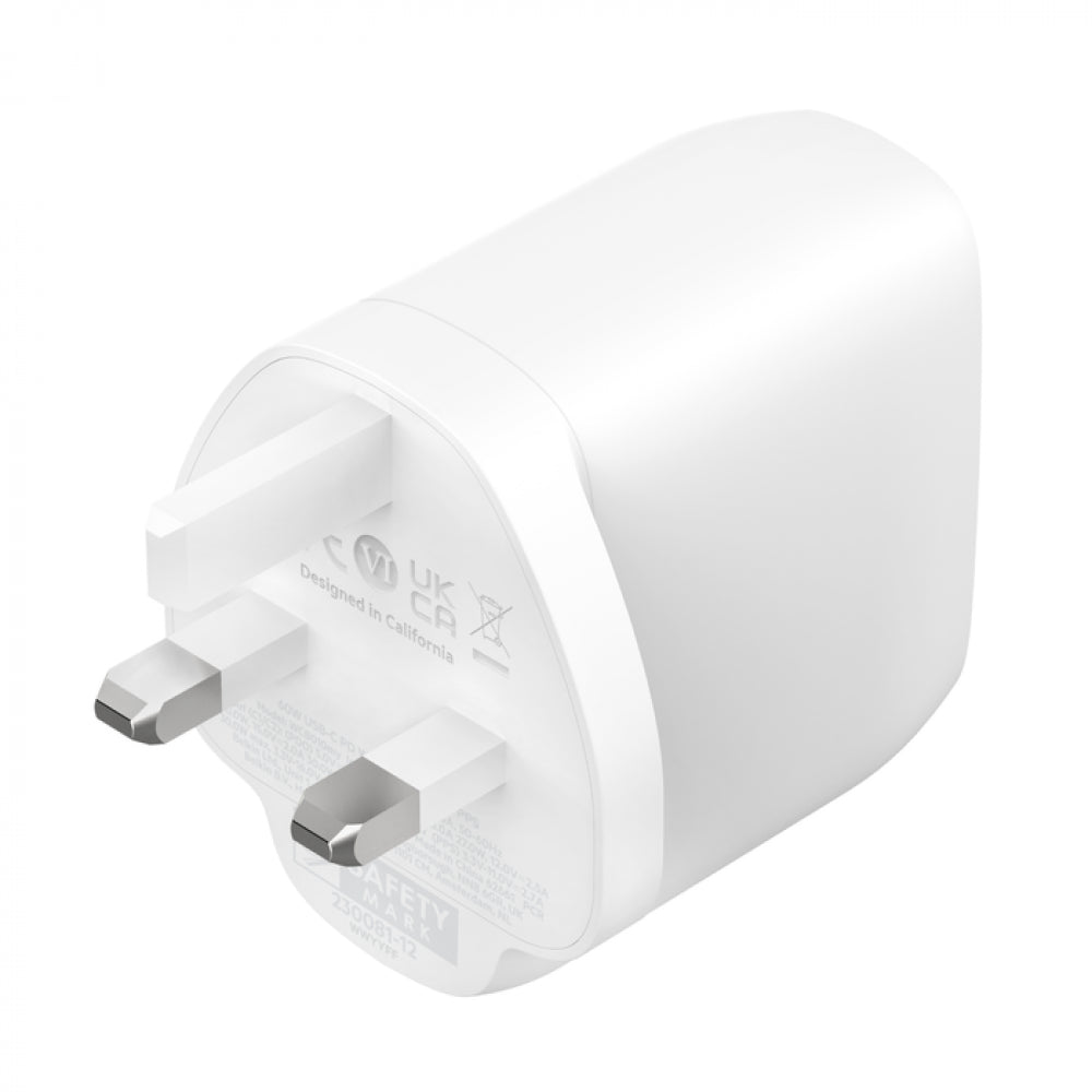 BELKIN WALL CHARGER 60W 2X USB C 30W + 30W PPS - WHITE
