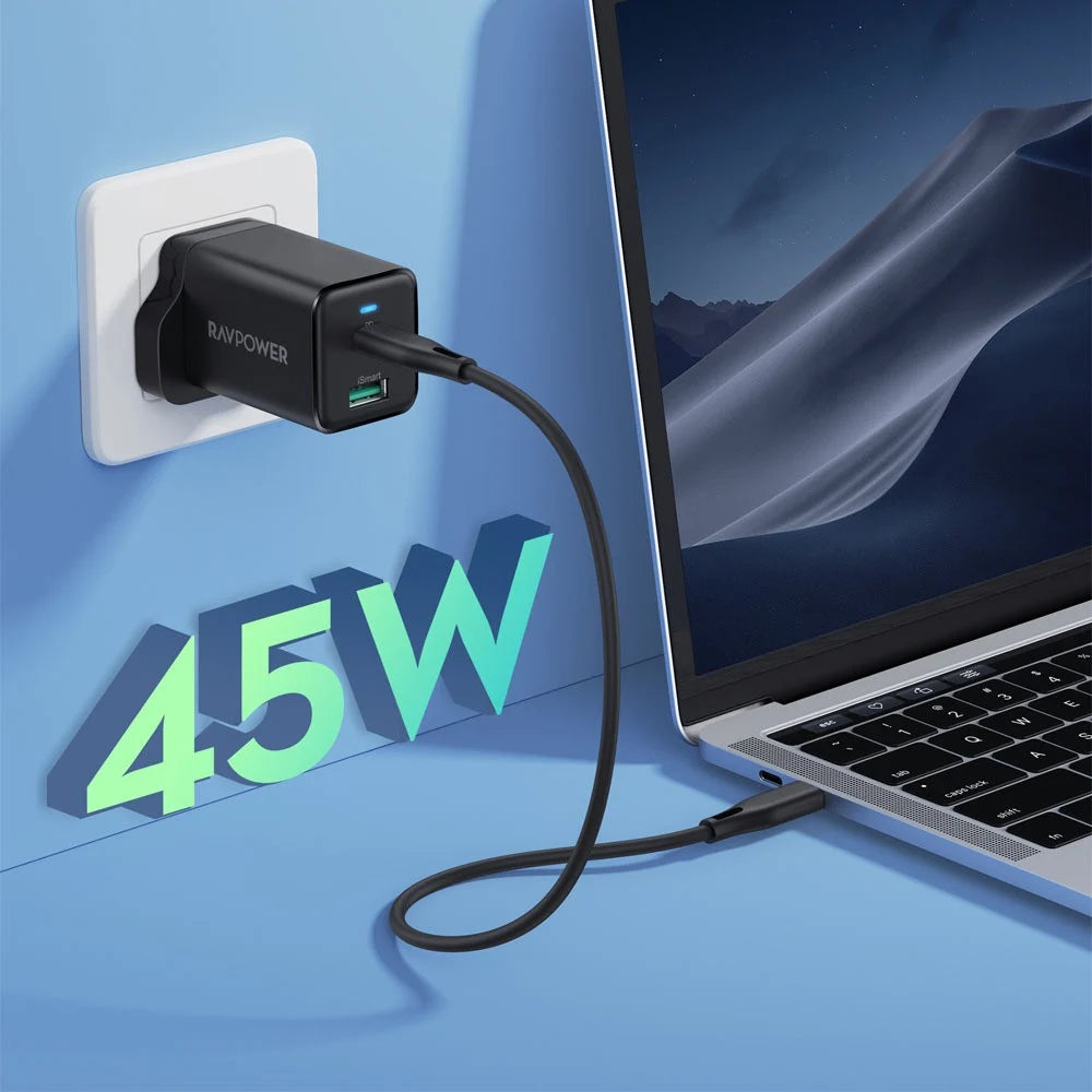 شاحن جداري RavPower RP-PC171 PD Pioneer بقوة 45W مع منفذين - أسود (UK)