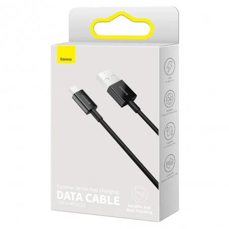كابل بيانات باسياس سوبرير للشحن السريع USB إلى مايكرو 2A 2م باللون الأسود