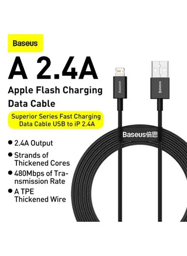 كابل بيانات باسياس سوبرير من السلسلة للشحن السريع USB إلى iP 2.4A 2م باللون الأسود