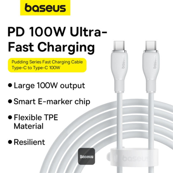 كابل شحن سريع باسياس بودينغ USB-C 100W 1.2م باللون الأبيض