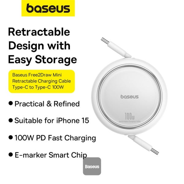 كابل شحن باسياس فري 2 درو ميني قابل للسحب USB-C 100W 1م باللون الأبيض