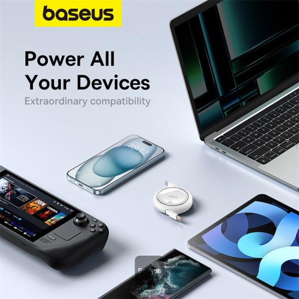 كابل شحن باسياس فري 2 درو ميني قابل للسحب USB-C 100W 1م باللون الأبيض